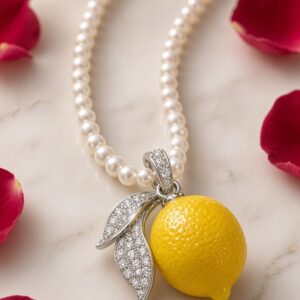 The Capri Lemon Enamel And Cultured Peral Strand Pendant Chain-Platinum Finish