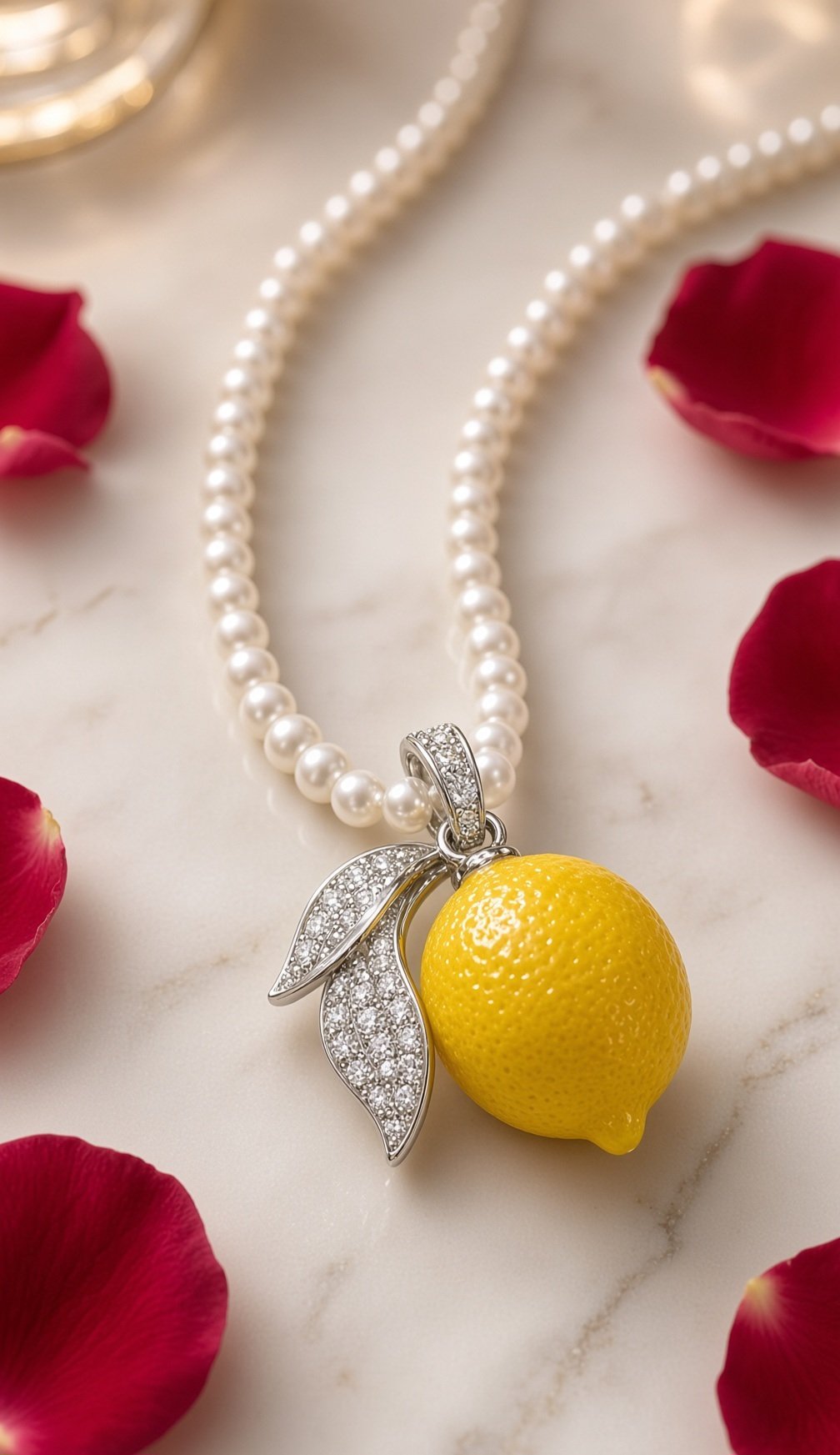 The Capri Lemon Enamel And Cultured Peral Strand Pendant Chain-Platinum Finish