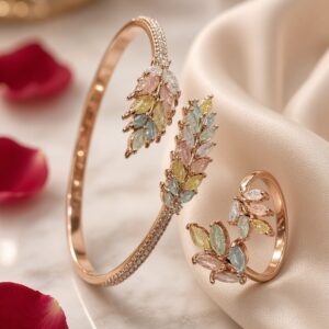 Elysian Rose Gold Pastel Gemstone Botanical Open Bracelet With Ring-Rose Gold Finish