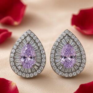 The Lavender Regent Pear Halo Baguette Aura Earrings-Black Rhodium Finish