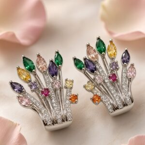 The Prism Bloom Multi-Gemstone Fan Earrings-Platinum Finish