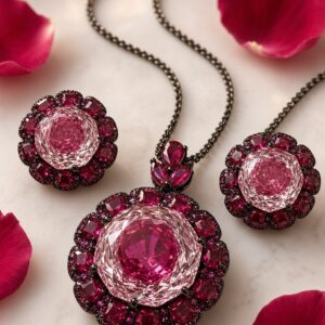 The Velvet Rose Pink Sapphire And Crimson Ruby Halo Pendant-Black Rhodium Finish