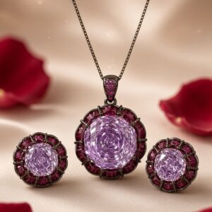 The Royal Lavender Rose Spiral Pendant Set-Black Rhodium Finish
