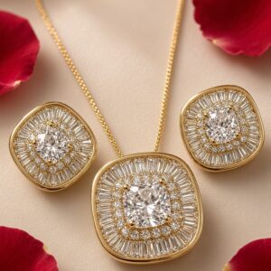 The Celestial Cushion-Cut Baguette Halo Pendant-Gold Finish