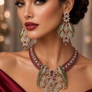 The Royal Mayura Ruby And Emerald Bird Motif Choker Set-Gold Finish