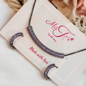 Sleek Purple Nano Setting black Finish Pendant Necklace Set With Earrings