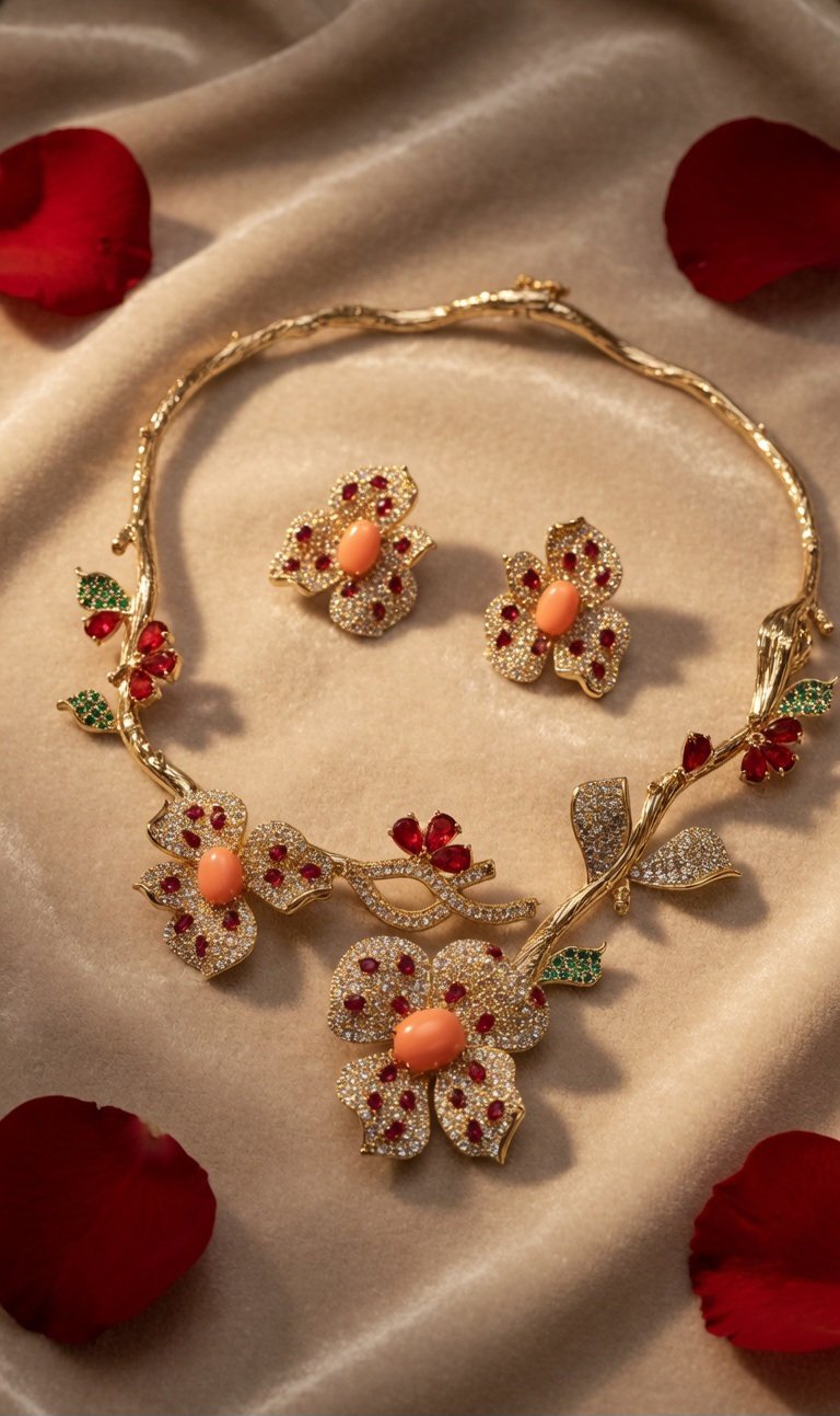 Rosè Bloom Zirconia Choker Set-Gold Finish - Image 2