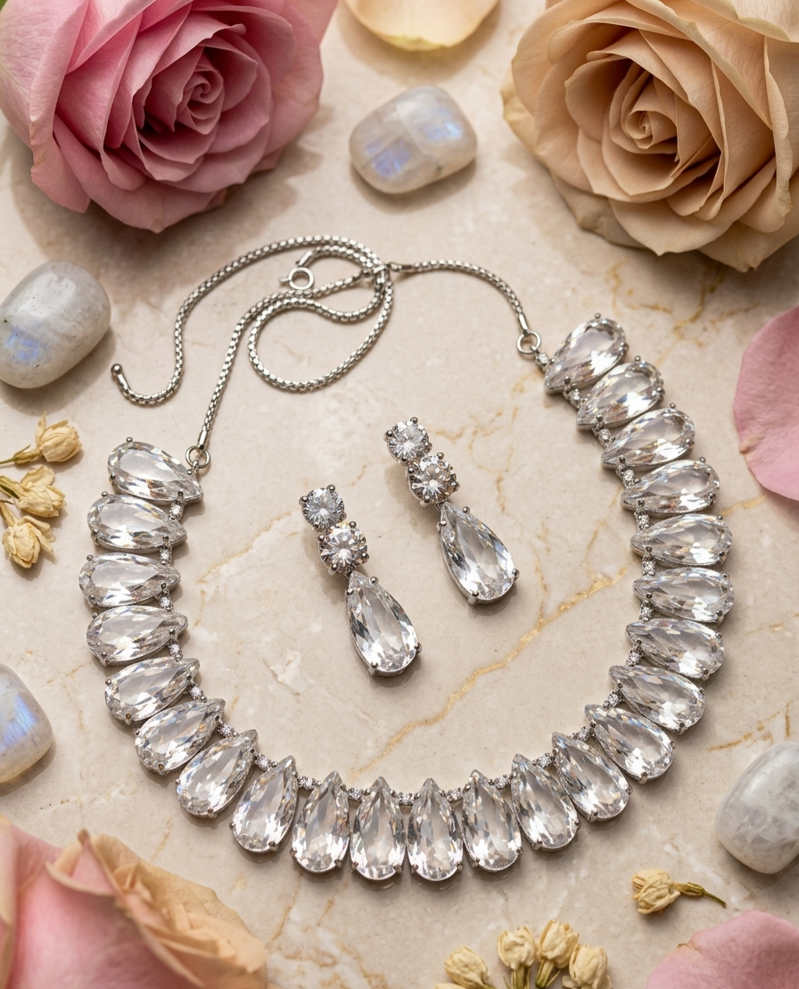 The "Aura Ice" Pear-Cut Clear Teardrop Choker Set-Platinum Finish