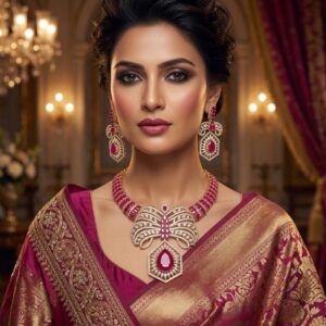 The Baroque Ribbon Geometric Ruby And Diamond Hasli Set-Gold Finish