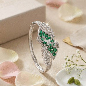 Isodara Floral Cascade Luxury Green Stone Pavè Kada Bracelet-Platinum Finish
