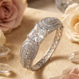 Architectural Luxury Art Deco Premium Radiant And Baguette Diamond-Style Kada Bracelet-Platinum Finish