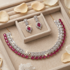 Kiara Zirconia Choker Set With Ruby Stones for Bridal Reception-Platinum Finish