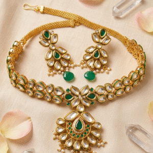 Fridaus Nisha Traditional Choker With Kundan Glass and Emerald Drop-Gold Finish