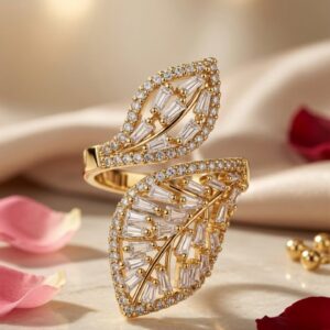Eloria Baguette Double Leaf Botanical Wrap Adjustable Ring-Gold Finish
