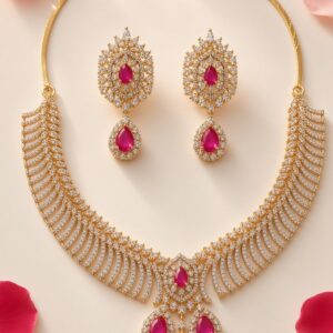 Sovereign Crimson Flare Pave Fanned Choker Set-Gold Finish