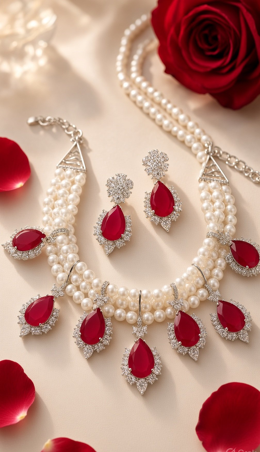The Royal Scarlet Peral Strand And Ruby Teardrop Choker Set-Platinum Finish