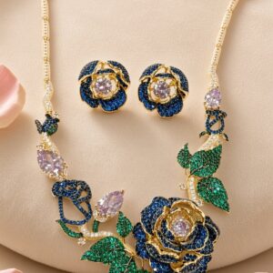The Royal Sapphire Floral Garden Pavè And Emerald Leaf Choker Set-Gold Finish