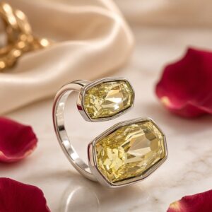 Soliel Bezel-Set Cushion Citrine Open Cuff Ring-Platinum Finish