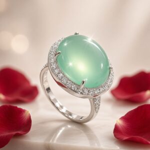 Celeste Mint Jadeite Oval Cabochon Halo Adjustable Ring-Platinum Finish