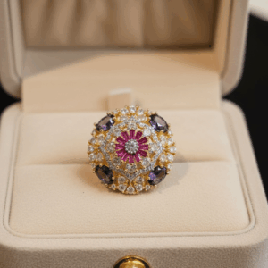 Purple Passion Bloom Golden Finish Ring