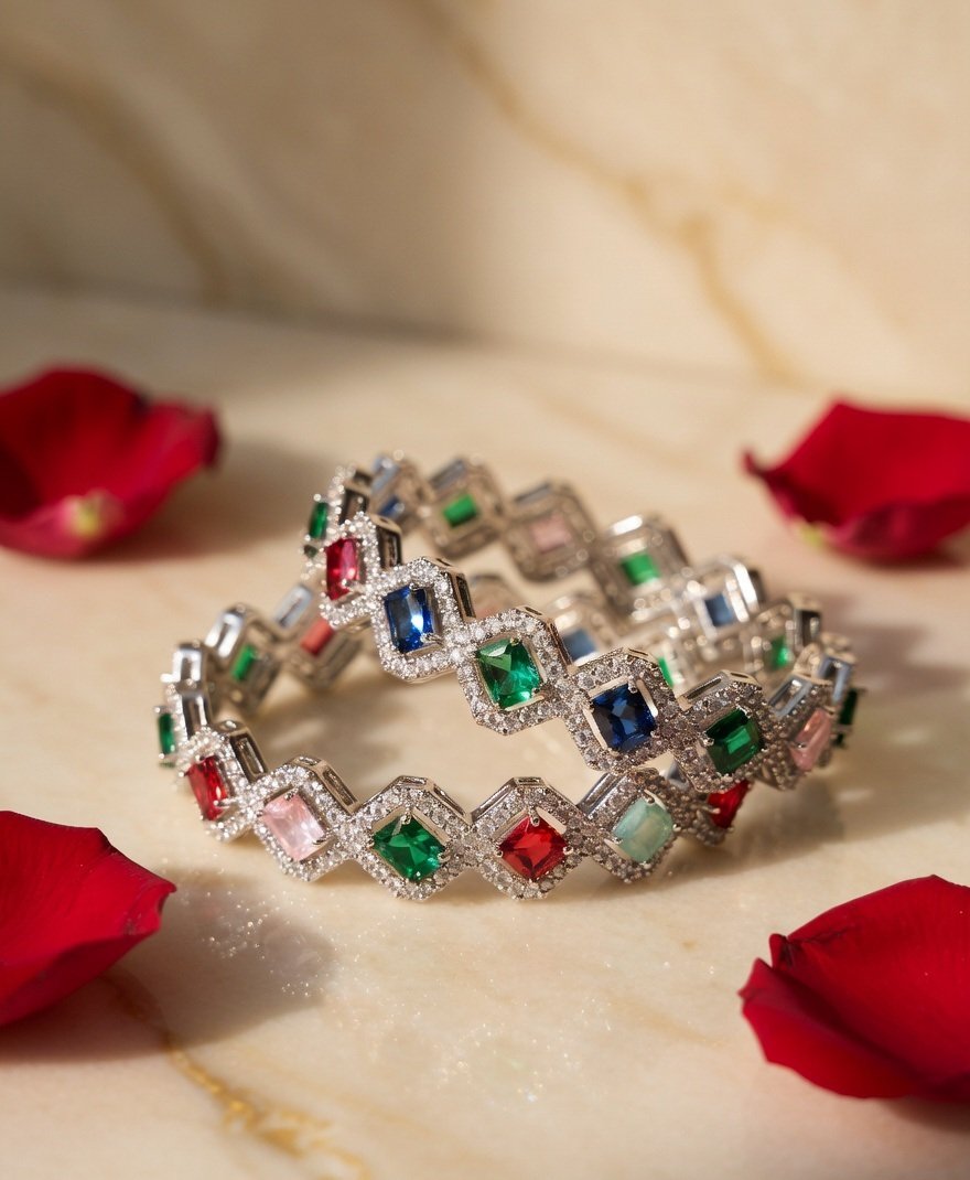 The Kaleidoscope Royale Multi-Gemstone Halo Bangles-Platinum Finish - Image 2