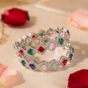 The Kaleidoscope Royale Multi-Gemstone Halo Bangles-Platinum Finish