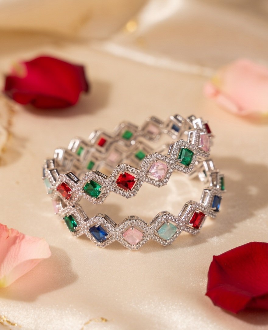 The Kaleidoscope Royale Multi-Gemstone Halo Bangles-Platinum Finish