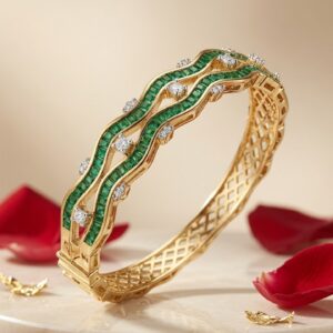 Imperial Emerald Wave Kada Bracelet With Brilliant Diamond-like Accents-Gold Finish