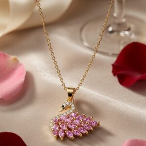 The Odette Crystal Pink Swan Pendant Chain-Gold Finish