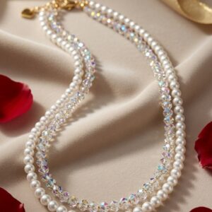 Premium Freshwater Pearl And Aurora Borealis Necklace-Gold Finish