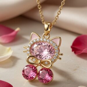 The Royale Feline Pink Kitty Bow Pendant Chain-Gold Finish