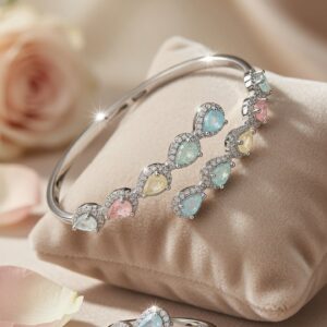 The Pastel Prism Pear-Cut Kada Bracelet And Ring Combo-Platinum Finish