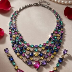 Eclipse Spectra Multi-Cut Rainbow Gemstone Bridal Choker Set-Black Rhodium Finish