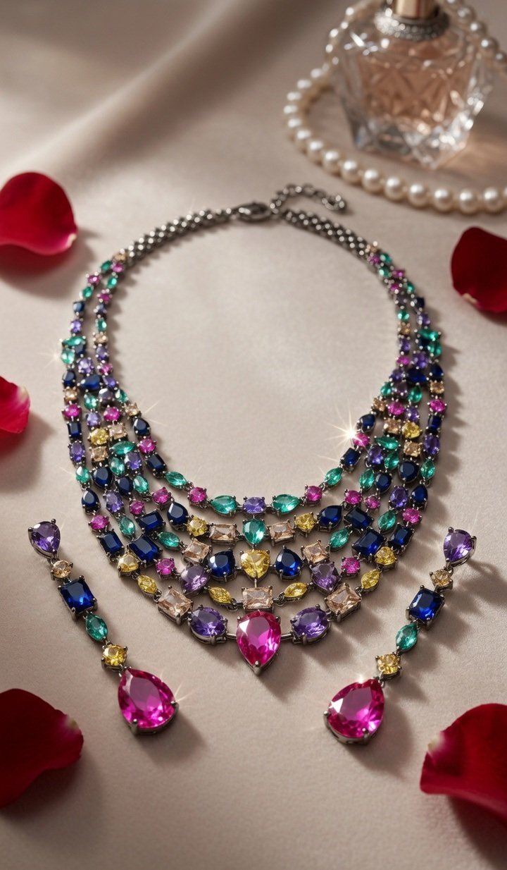 Eclipse Spectra Multi-Cut Rainbow Gemstone Bridal Choker Set-Black Rhodium Finish
