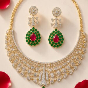 The Imperial Maharani Emerald And Ruby Lattice Zirconia Bridal Choker Set-Gold Finish