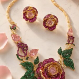 Botanical Rose Garden Pavè Ruby And Marquise Bridal Choker Set-Gold Finish