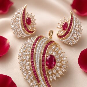 Imperial Flame Ruby Baguette And Pavè Crescent Pendant Set-Gold Finish