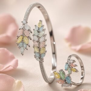 The Flora Pastel Marquise Leaf Kada Bracelet And Ring Combo-Platinum Finish
