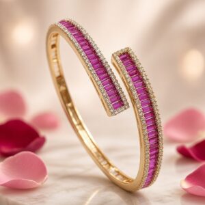 The Scarlet Bypass Ruby Baguette Open Cuff Kada Bracelet-Gold Finish