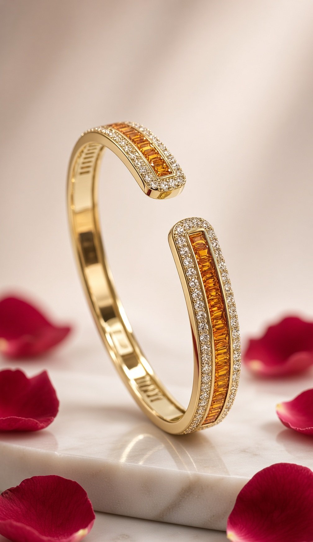 The Amber Solstice Rust Baguette Pavè Open Kada Bracelet-Gold Finish