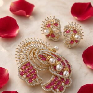 The Mayura Imperial Ruby And Diamond Peacock Pendant Set-Gold Finish