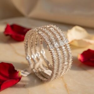 Elysian Grandeur Handcrafted Baguette And Round Diamond Bangles-Platinum Finish