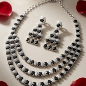 The Royal Black Onyx Tiered Cascade Spinel Necklace Set-Platinum Finish