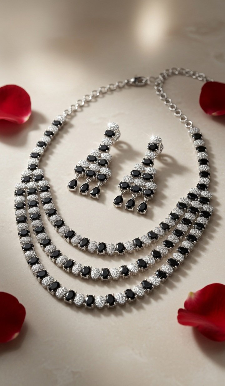 The Royal Black Onyx Tiered Cascade Spinel Necklace Set-Platinum Finish