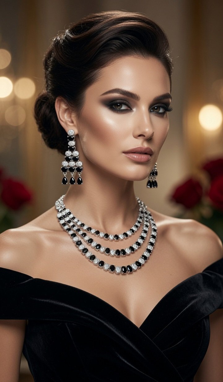The Royal Black Onyx Tiered Cascade Spinel Necklace Set-Platinum Finish - Image 2