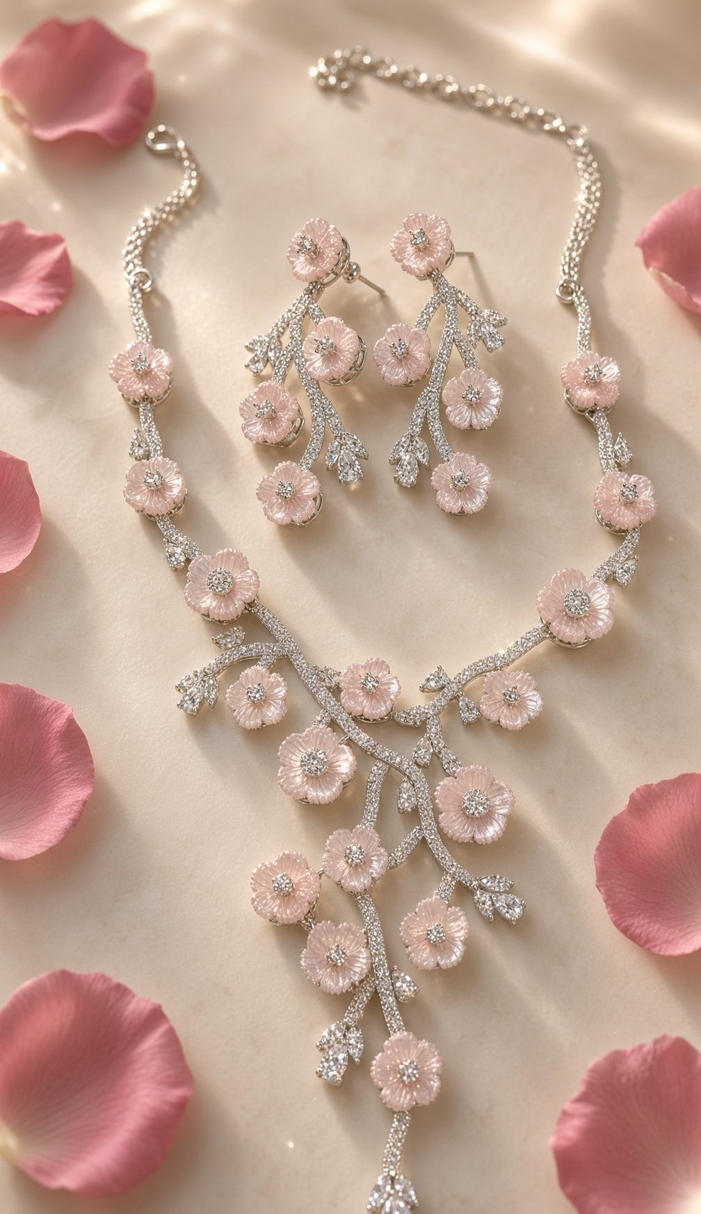 The Sakura Rose Quartz Blossom Spring Series Necklace-Platinum Finish
