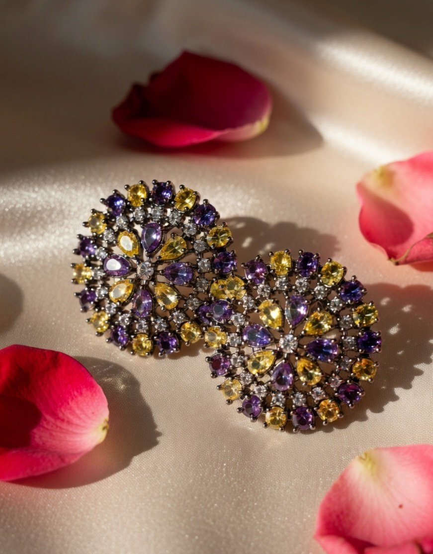 Amethyst Aura Zirconia Earrings-Black Rodium Finish - Image 3