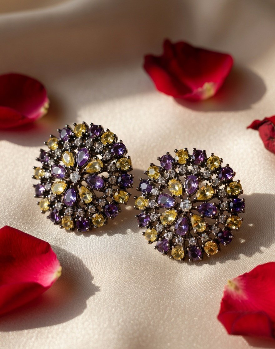 Amethyst Aura Zirconia Earrings-Black Rodium Finish