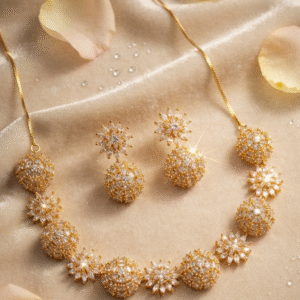 Aura Sphere Pave Filigree Orb And Starburst Radiance Choker Set-Gold Finish