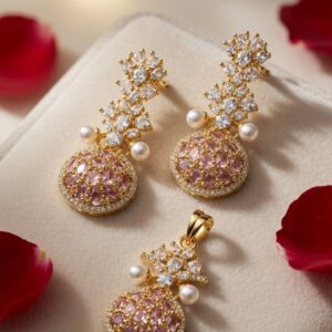 Luxury Pink Sapphire Style Medallion Jewelry Set With Pearl Accent-Gold Finish